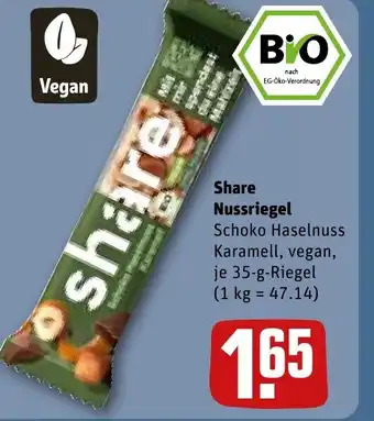 REWE Share Nussriegel Schoko Haselnuss Karamell, vegan, tilbud