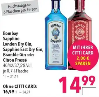 Citti Bombay sapphire london dry gin tilbud