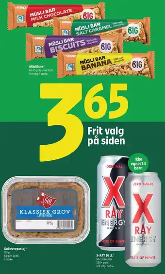 Coop 365 Müslibars, Gøl leverpostej eller X-RAY 50 cl tilbud