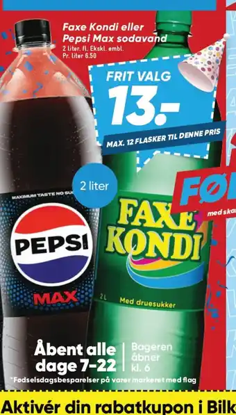 Bilka FAXE KONDI eller PEPSI Max sodavand tilbud