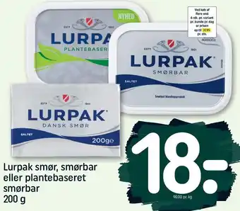 REMA 1000 Lurpak smør, smørbar eller plantebaseret smørbar 200 g tilbud