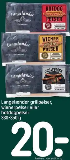 REMA 1000 Langelænder grillpølser wienerpølser eller hotdogspølse 330-350 g tilbud