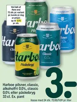 REMA 1000 HArboe pilsner, classic, alkoholfri 0.0%, classic 0.0% eller påskebryg 33cl. Ex. pant tilbud