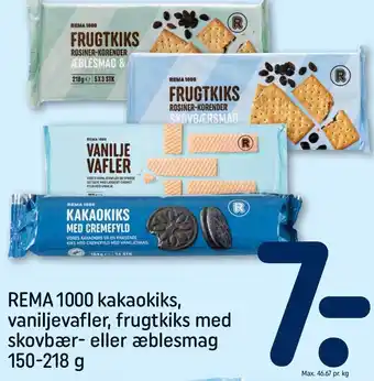 REMA 1000 Rema 1000 kakaokis, vaniljevafler, frugtkiks med skovbær- eller æblesmag tilbud