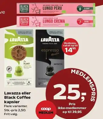 Kvickly Lavazza eller Black Coffee kapsler tilbud