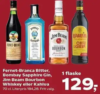 Kvickly Fernet-Branca Bitter, Bombay Sapphire Gin, Jim Beam Bourbon Whiskey eller Kahlua tilbud