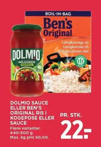 MENY DOLMIO SAUCE ELLER BEN'S ORIGINAL RIS I KOGEPOSE ELLER SAUCE tilbud