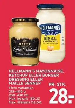 MENY HELLMANN'S MAYONNAISE, KETCHUP ELLER BURGER DRESSING ELLER MAILLE SENNEP tilbud