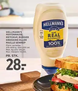 MENY HELLMANN'S MAYONNAISE, KETCHUP, BURGER DRESSING ELLER MAILLE SENNEP tilbud