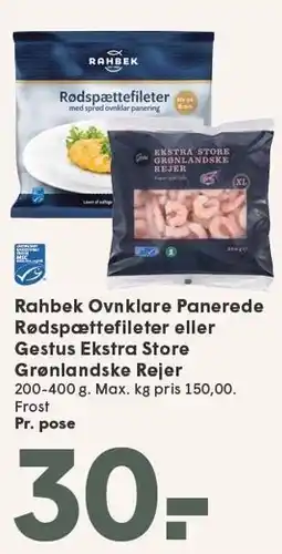 SPAR Rahbek Ovnklare Panerede Rødspættefileter eller Gestus Ekstra Store Grønlandske Rejer tilbud