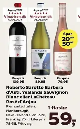 SuperBrugsen Roberto Sarotto Barbera d'Asti, Yealands Sauvignon Blanc eller LaCheteau Rosé d'Anjou tilbud