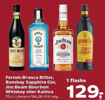 SuperBrugsen Fernet-Branca Bitter, Bombay Sapphire Gin, Jim Beam Bourbon Whiskey eller Kahlua tilbud