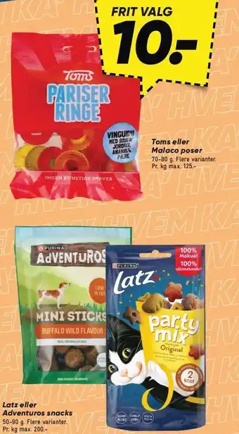 Bilka Toms eller Malaco poser eller Latz eller Adventuros snacks tilbud