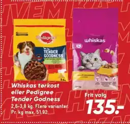 Bilka Whiskas tørkost eller Pedigree Tender Godness tilbud