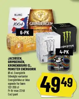 Løvbjerg JACOBSEN, GRIMBERGEN, KRONENBOURG EL. MONSTER ENERGIDRIK tilbud