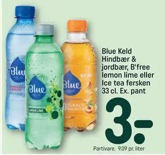 REMA 1000 Blue Keld Hindbær & jordbær, B'free lemon lime eller Ice tea fersken 33 cl. Ex. pant tilbud