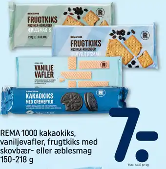 REMA 1000 REMA 1000 kakaokiks, vaniljevafler, frugtkiks med skovbær- eller æblesmag 150-218 g tilbud