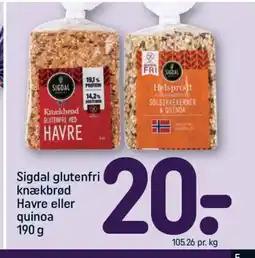 REMA 1000 Sigdal glutenfri knækbrød Havre eller quinoa tilbud