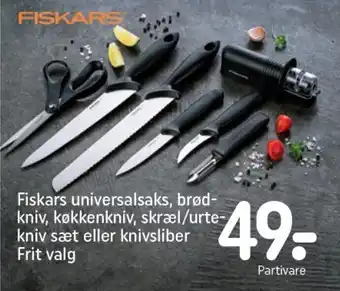 REMA 1000 Fiskars universalsaks, brød- kniv, køkkenkniv, skræl/urte- kniv sæt eller knivsliber tilbud