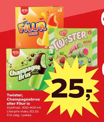 Kvickly Twister, Champagnebrus eller Filur is tilbud