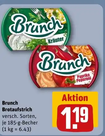 REWE Brunch Brotaufstrich versch. Sorten, je 185-g-Becher (1 kg = 6.43) tilbud