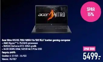 Elgiganten Acer Nitro V15 R5-7HS/4050/16/51215,6" barbar gaming-computer tilbud