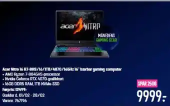 Elgiganten Acer Nitro 16 R7-8HS/16/ITB/4070/165Hz 16 barbar gaming computer tilbud