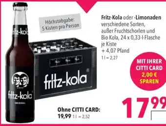 Citti Fritz-Kola oder -Limonaden verschiedene Sorten, tilbud