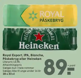 SPAR ROYAL EXPORT, IPA, BLANCHE ELLER HEINEKEN 18 x 33 cl tilbud