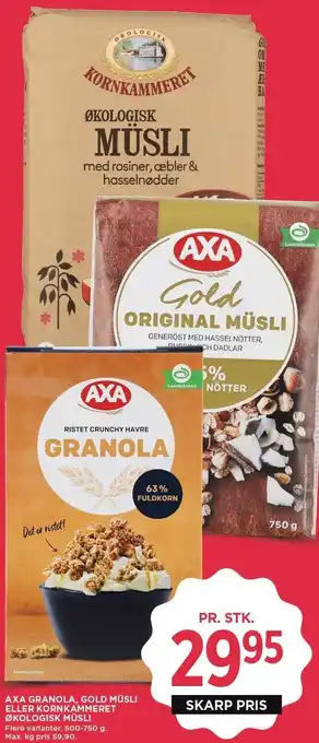 MENY AXA GRANOLA, GOLD MÜSLI ELLER KORNKAMMERET ØKOLOGISK MÜSLI tilbud