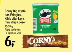 Føtex Corny Big mysli- bar, Pringles, KiMs eller Lay's mini chips poser tilbud