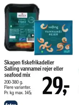 Føtex SKAGEN fiskefrikadeller Salling vannamei rejer eller seafood mix tilbud