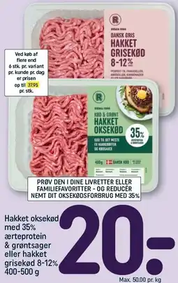 REMA 1000 REMA 1000 Hakket oksekød med 35% ærteprotein & grøntsager eller hakket grisekød 8-12% tilbud