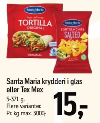 Føtex SANTA MARIA krydderi i glas eller Tex Mex tilbud