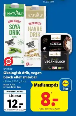 Lidl NATURLI' Økologisk drik, vegan block eller smørbar tilbud