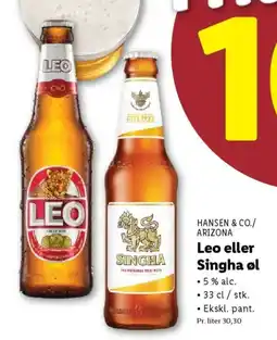 Lidl HANSEN & CO./ ARIZONA Leo eller Singha øl tilbud