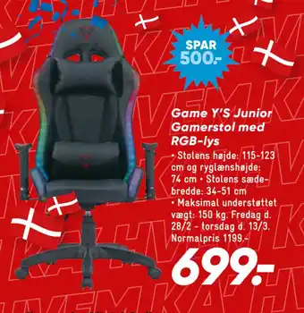 Bilka Game Y’S Junior Gamerstol med RGB-lys tilbud