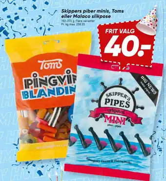 Bilka Skippers piber minis, Toms eller Malaco slikpose tilbud