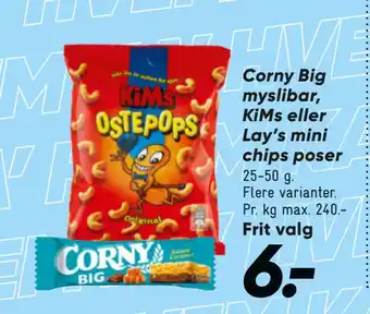 Bilka Corny Big myslibar, KiMs eller Lay’s mini chips poser tilbud