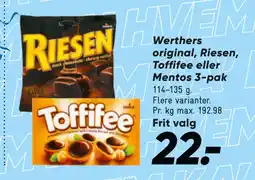 Bilka Werthers original, Riesen, Toffifee eller Mentos 3-pak tilbud