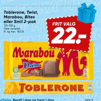 Bilka Toblerone, Twist, Marabou, Bites eller Smil 2-pak tilbud