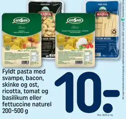 REMA 1000 Fyldt pasta med svampe, bacon, skinke og ost, ricotta, tomat og basilikum eller fettuccine naturel tilbud