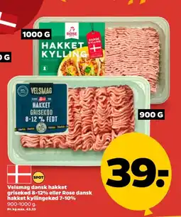 Netto Velsmag dansk hakket grisekød 8-12% eller Rose dansk hakket kyllingekød 7-10% tilbud