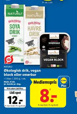 Lidl Økologisk drik, vegan block eller smørbar tilbud