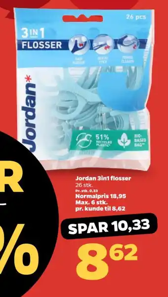 Netto Jordan 3in1 flosser 26 stk. Pr. stk. 0,33 Normalpris 18,95 Max. 6 stk. tilbud