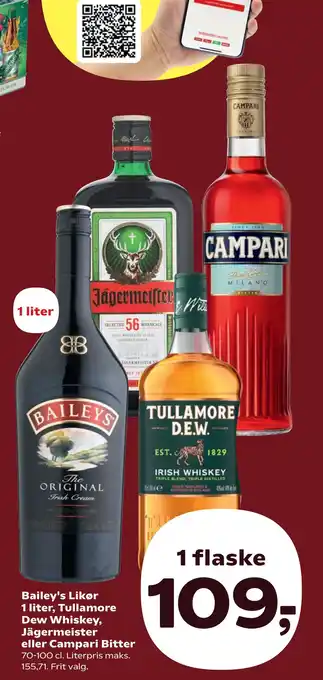 SuperBrugsen Bailey's Likør 1 liter, Tullamore Dew Whiskey, Jägermeister eller Campari Bitter tilbud