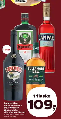 Kvickly Bailey's Likør 1 liter, Tullamore Dew Whiskey, Jägermeister eller Campari Bitter tilbud