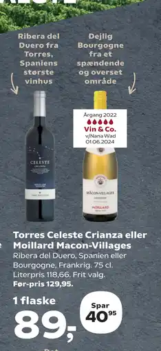 Kvickly Torres Celeste Crianza eller Moillard Macon-Villages tilbud