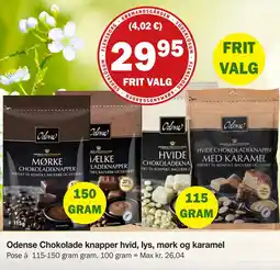 Købmandsgården Odense Chokolade knapper hvid, lys, mørk og karamel tilbud