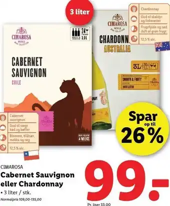 Lidl Cimarosa Cabernet Sauvignon eller Chardonnay tilbud